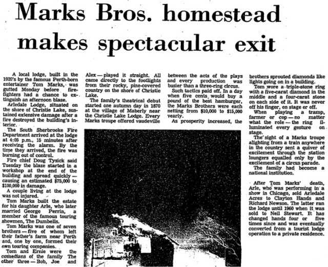 Arliedale article on fire Jan 31 1979 p.1 The Perth Courier