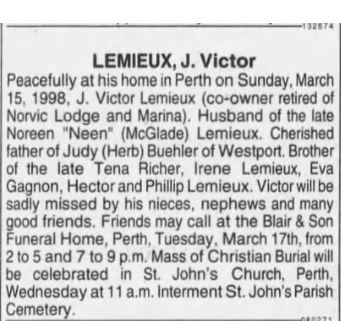 Victor Lemieux obit Mar 17 1998 Ottawa Citizen p 24